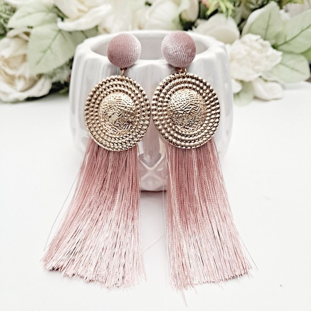Gold pink earrings Womens oversized long boho tassel Fringe feminine 💖2/$30